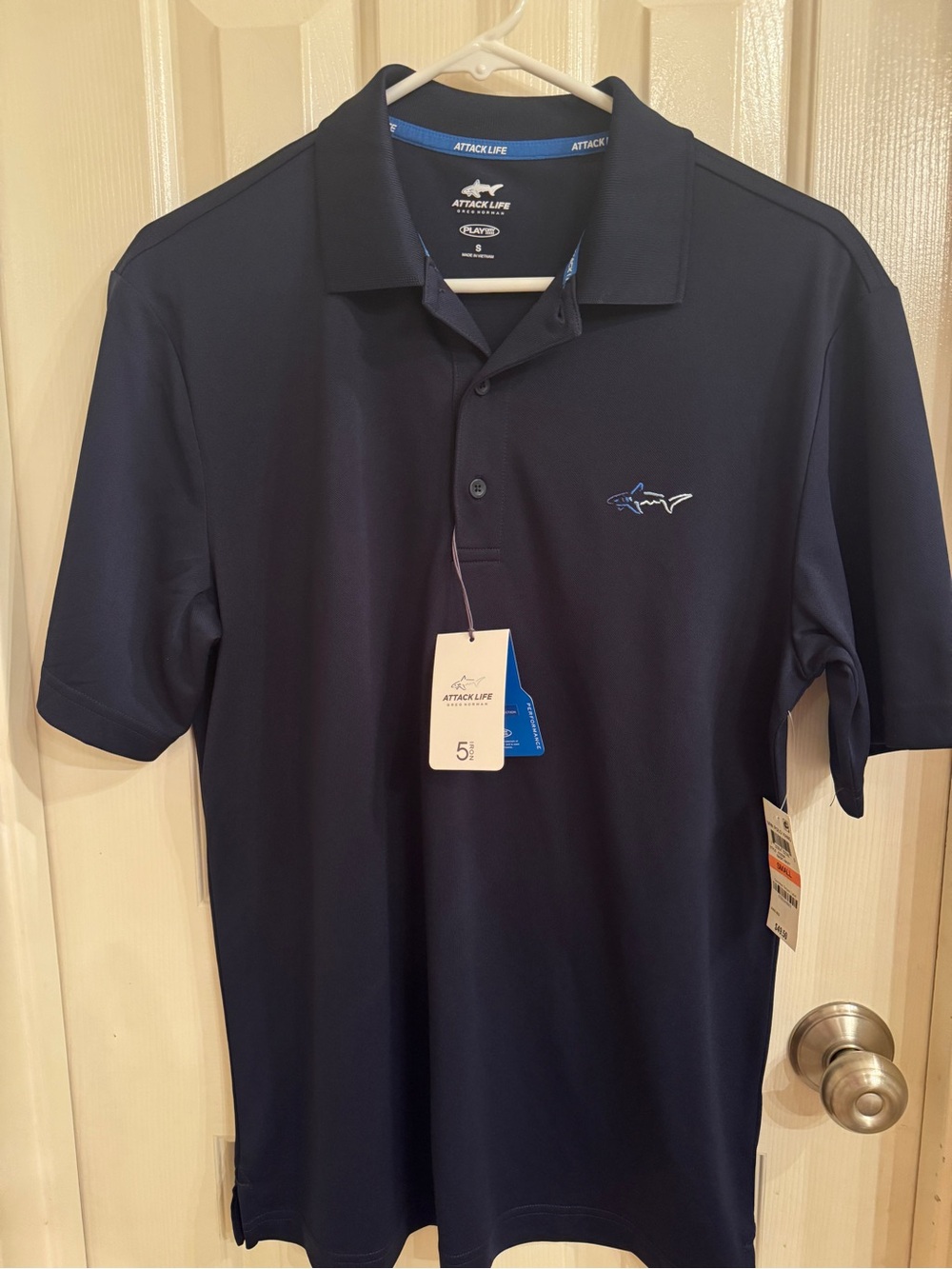 Greg Norman Collection Navy Polo with Shark Logo Attack Life